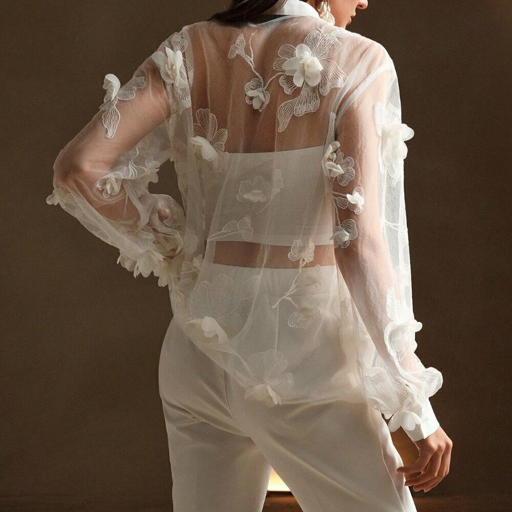 White Sexy Women's See-Through Embroidered Shirt - Picture 5 of 7